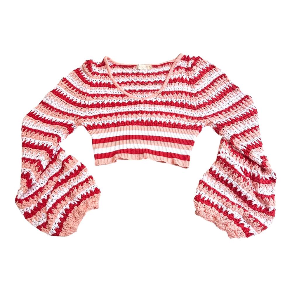 Altar'd State CROCHET CARDIGAN Women’s SM Briella Stripe Crop Top Knit Sweater